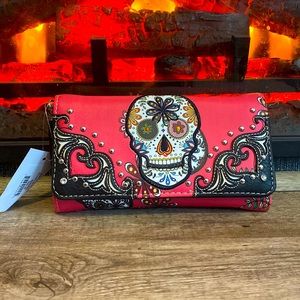 Multi Functional Sugar Skull Trifold Clutch Crossbody Wallet 🌺💀